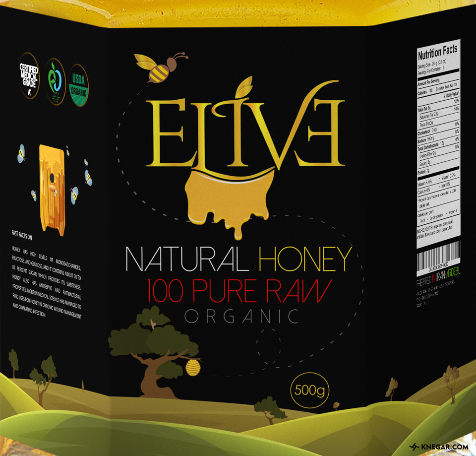 طراحی بسته بندی و چاپ لیبل عسل Elive | بسته بندی عسل و مربا